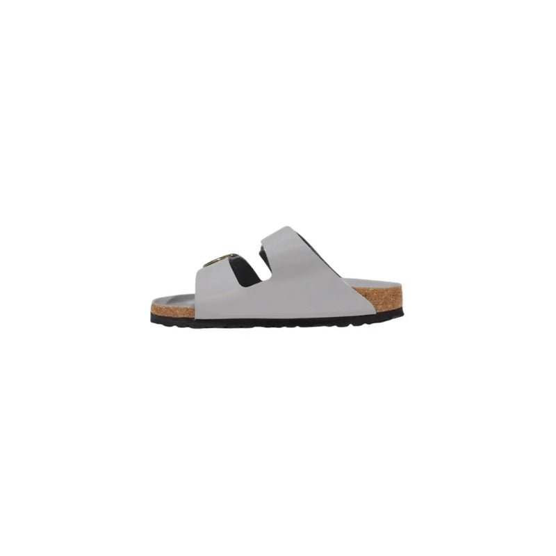 Birkenstock women leather arizona sandals grey with light gray leather straps cork footbed and black rubber sole