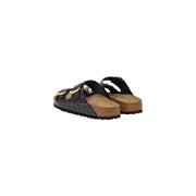 Birkenstock women leather sandals black arizona with black crocodile-embossed straps, gold-tone buckles, and cork footbed