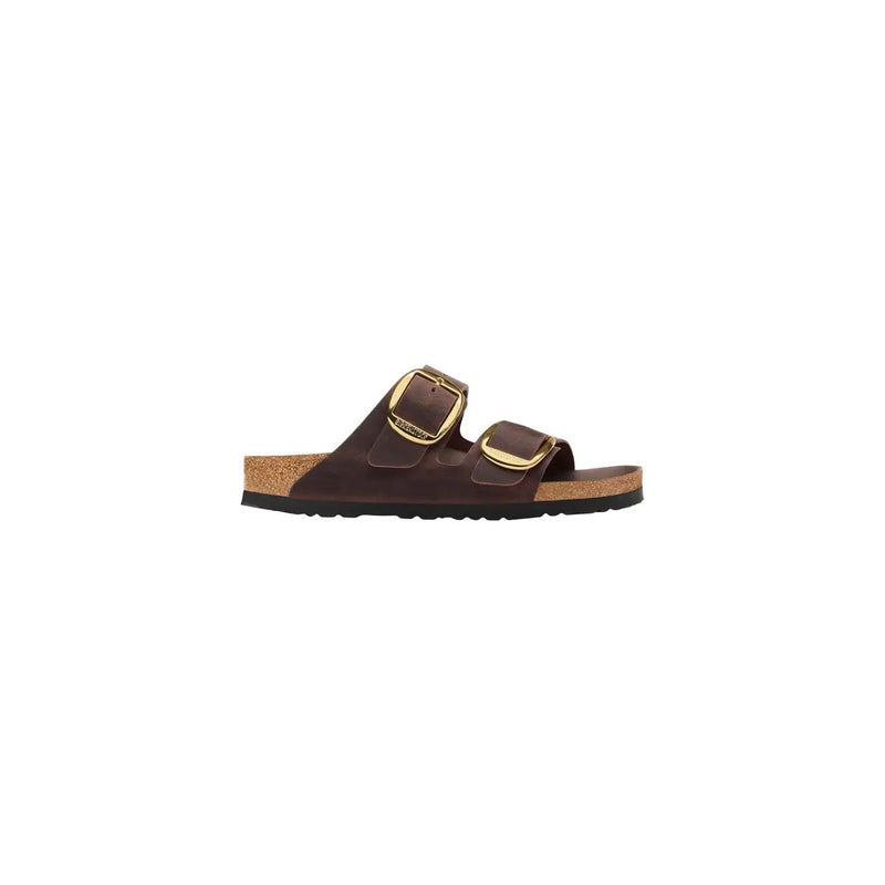 Birkenstock women leather sandals brown arizona with gold-tone buckle straps and cork footbed