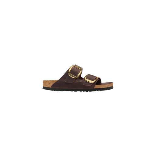 Birkenstock women leather sandals brown arizona with gold-tone buckle straps and cork footbed