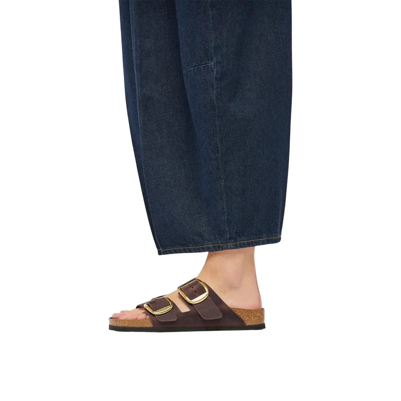 Birkenstock women leather sandals brown Arizona with two gold-tone buckle straps and a cork footbed