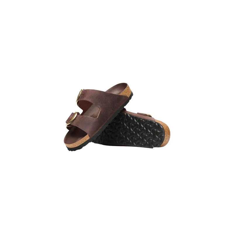 Birkenstock Women leather sandals brown Arizona with gold-tone buckles and cork footbed for comfortable wear