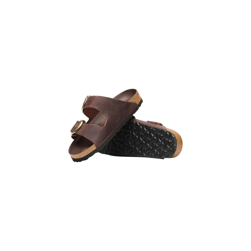 Birkenstock Women leather sandals brown Arizona with gold-tone buckles and cork footbed for comfortable wear
