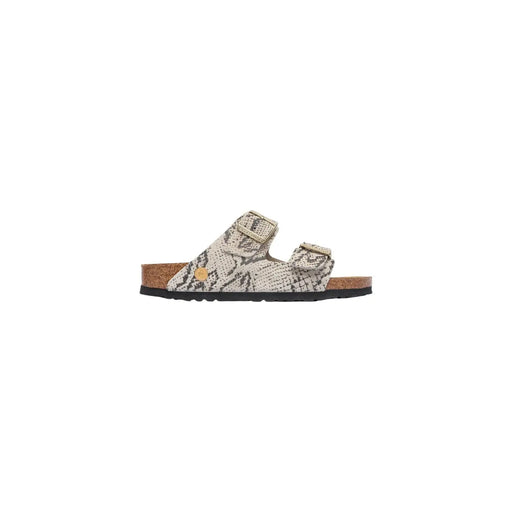 Beige and gray snake-print leather birkenstock women arizona sandals with two adjustable straps