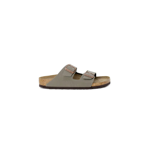 Birkenstock women leather sandals grey Arizona shoes with gray suede two adjustable straps and cork footbed
