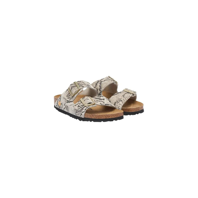 Birkenstock women leather sandals gray arizona with beige and gray snake-print and gold-tone buckles
