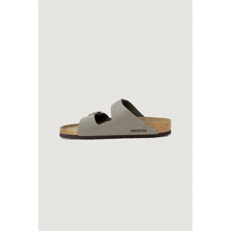 Birkenstock women leather sandals grey arizona shoes with two gray leather straps and a cork footbed