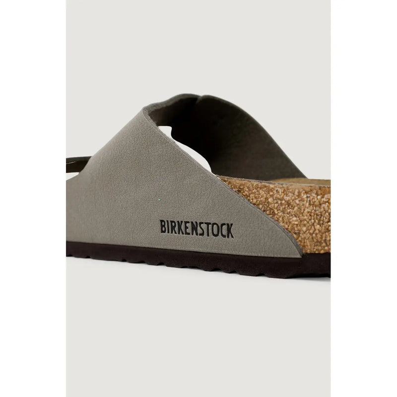 Birkenstock women leather sandals gray Arizona featuring gray suede upper cork footbed and dark brown rubber sole