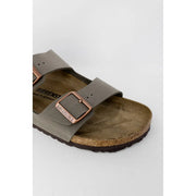 Birkenstock women leather sandals grey arizona shoes with gray suede, copper-toned buckle, and cork footbed
