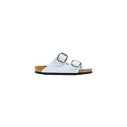 Light blue Birkenstock faux leather slip-on sandal with silver buckles