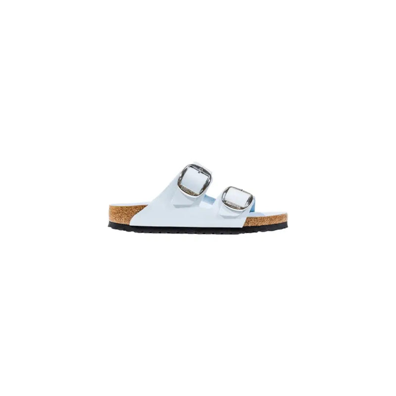 Light blue Birkenstock faux leather slip-on sandal with silver buckles