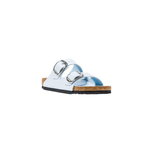 Light blue Birkenstock Arizona sandal with silver buckle and cork footbed