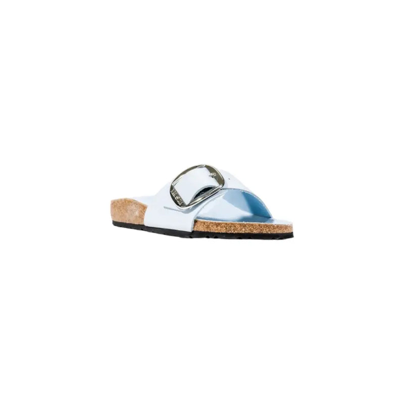 Birkenstock women light blue faux leather slide sandal with silver buckle