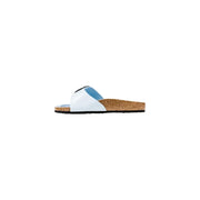 Birkenstock women light blue faux leather slide sandals with cork sole