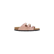Birkenstock women pink leather slippers buckle featuring pink patent leather Arizona sandal with three adjustable straps and cork footbed