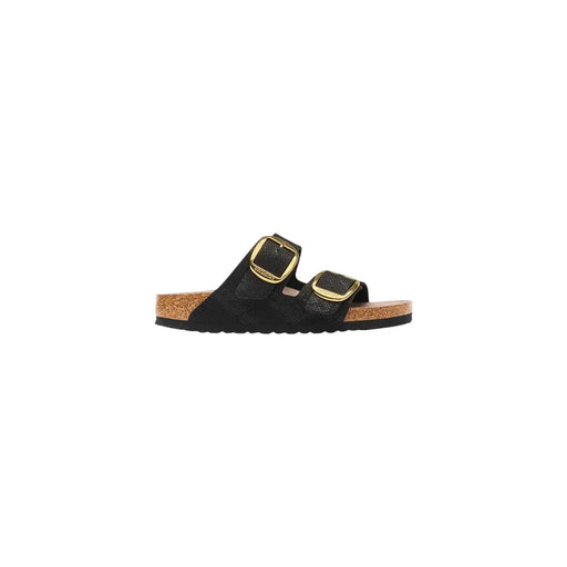 Birkenstock women sandals black faux leather arizona with gold-tone buckle straps and cork footbed shown from the back