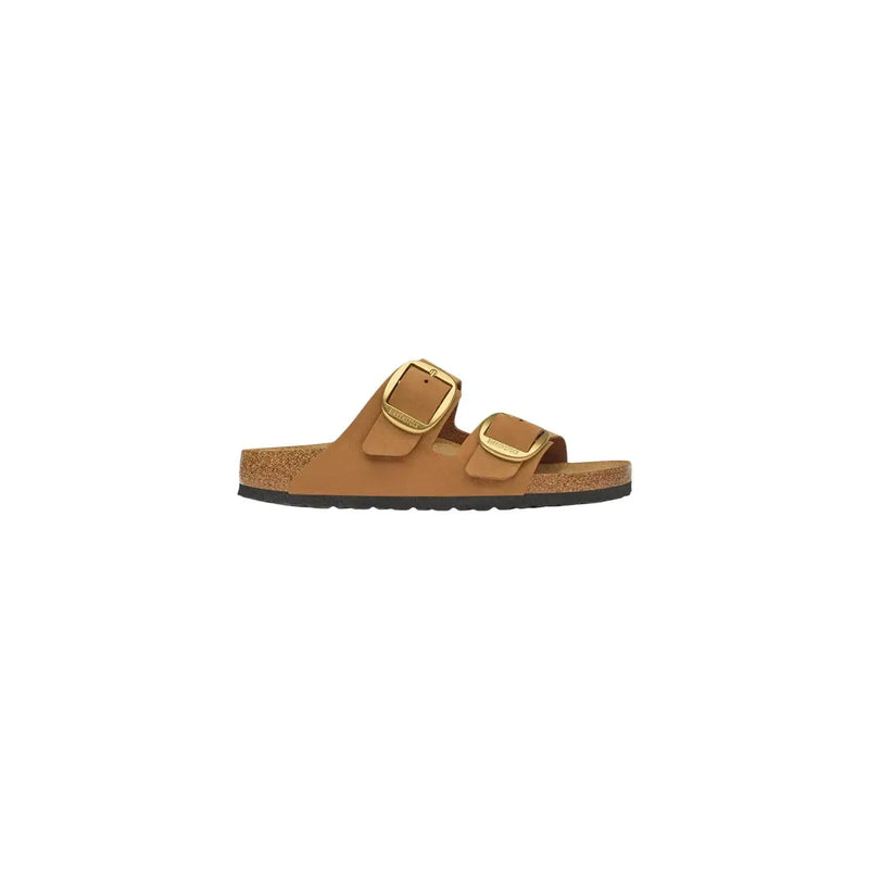 Birkenstock women sandals arizona in tan leather with gold-tone buckle straps and cork footbed display