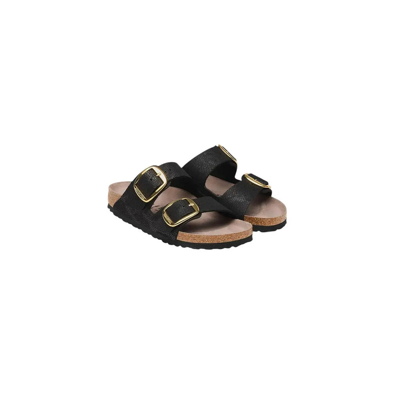 Birkenstock women sandals in black faux leather with gold-tone buckles and cork footbed for comfortable wear