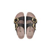 Birkenstock women sandals black faux leather Arizona with gold-tone double buckles and textured leather upper
