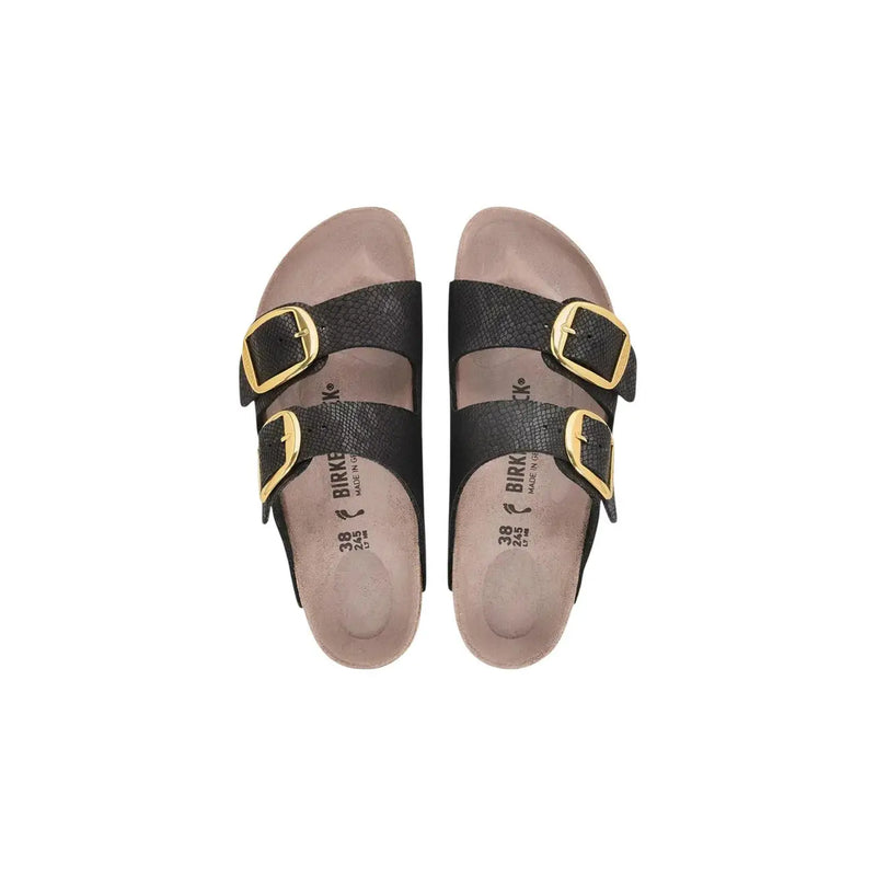 Birkenstock women sandals black faux leather Arizona with gold-tone double buckles and textured leather upper