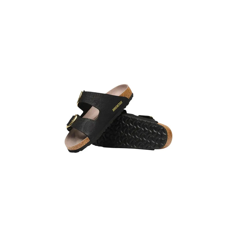Black birkenstock arizona sandals for women with gold-tone buckles textured faux leather upper