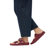 Birkenstock women sandals bordeaux two-buckle slide sandals with maroon leather-look and textured rubber sole