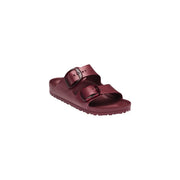 Maroon birkenstock women sandals with two adjustable straps and black buckle closures made of eva rubber