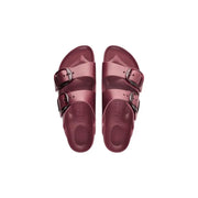 A pair of metallic burgundy birkenstock women sandals arizona with two adjustable straps and silver buckles in eva rubber