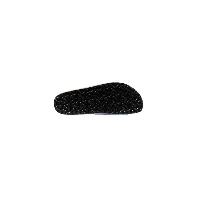 Black rubber sole with textured wavy pattern on the back of birkenstock women slippers light blue polyester
