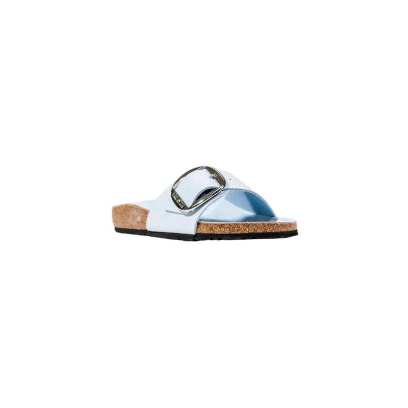 Birkenstock women slippers light blue patent leather slide sandal with silver buckle and cork sole