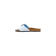 Birkenstock women slippers light blue polyester slip-on slide sandal with white accents and cork sole