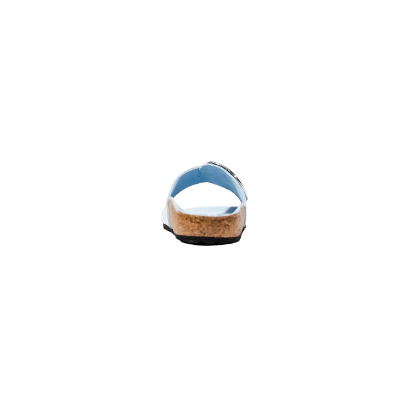 Birkenstock women slippers featuring white leather slides with light blue polyester interior and cork sole