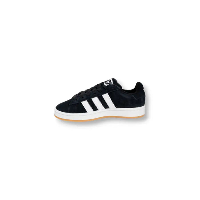 Black Adidas Campus sneaker displayed in a product showcase with sleek design and branding