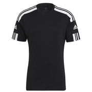 Black Adidas t shirt with white three stripes on shoulders and sleeves made from breathable fabric for casual wear