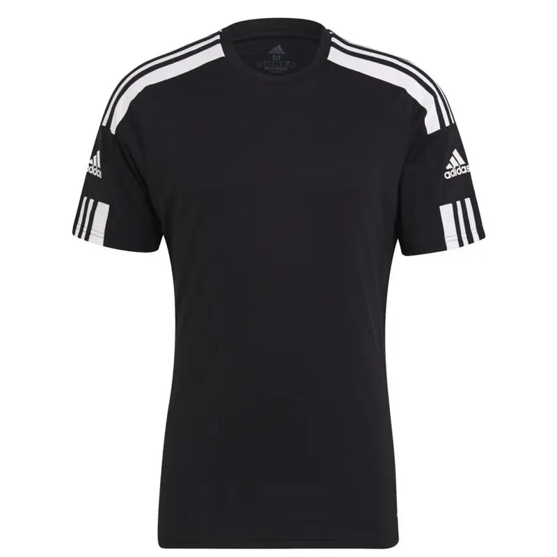 Black Adidas t shirt with white three stripes on shoulders and sleeves made from breathable fabric for casual wear