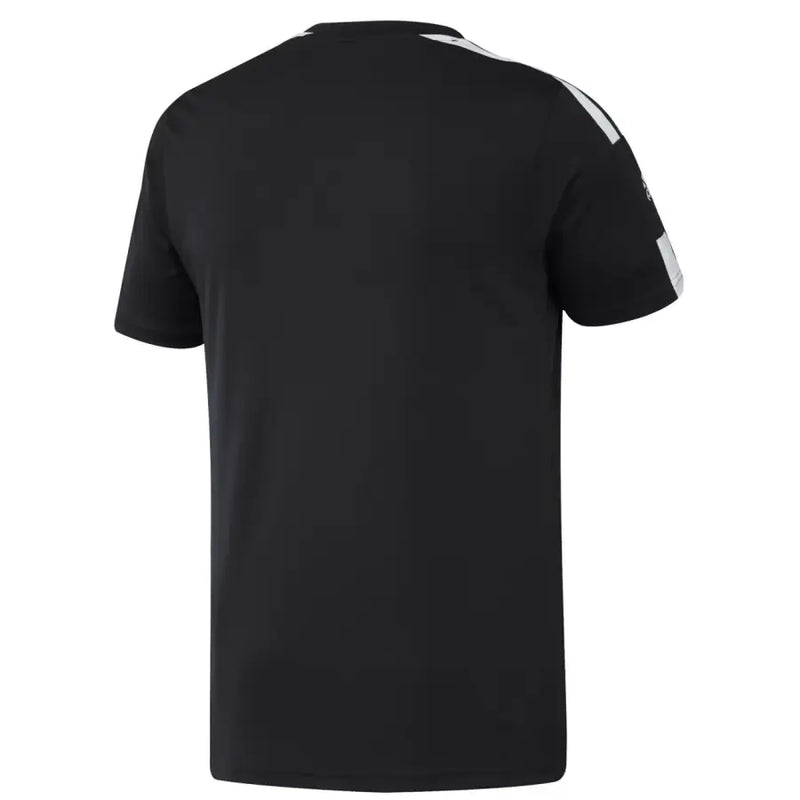 Black Adidas t shirt with white stripes along shoulders and sleeve cuffs showing the front side design