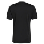 Black Adidas short-sleeved athletic t shirt with white stripes on shoulders and sleeves for sportswear use