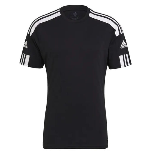 Black Adidas T shirt with white stripes, stylish sportswear for athletes