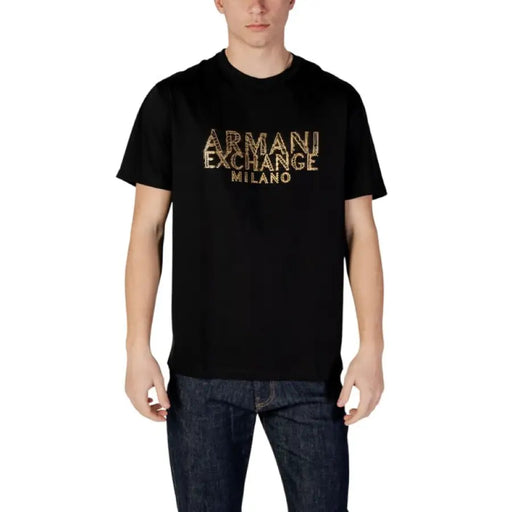 Black Armani Exchange Men’s Printed Round Neck T-Shirt displayed on a neutral background