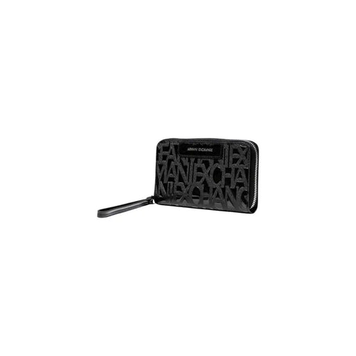 Black Armani Exchange wallet with wrist strap featuring patterned design and embossed lettering