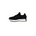Black New Balance women’s sneakers with faux leather upper, white midsole, and black rubber lugged outsole