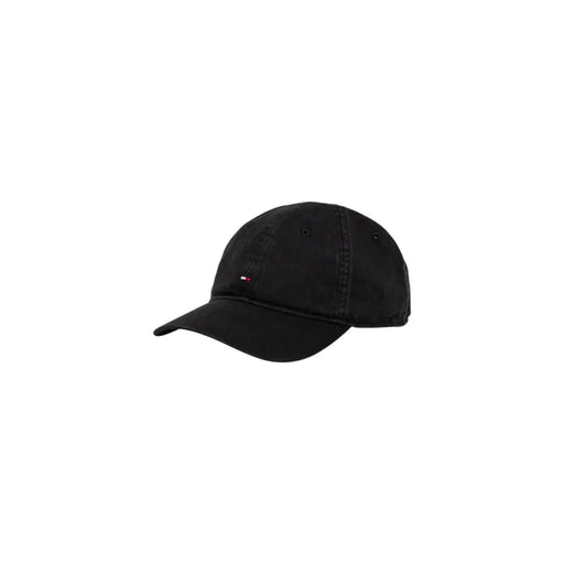 Black baseball cap with logo and striped lining, stylish headwear accessory