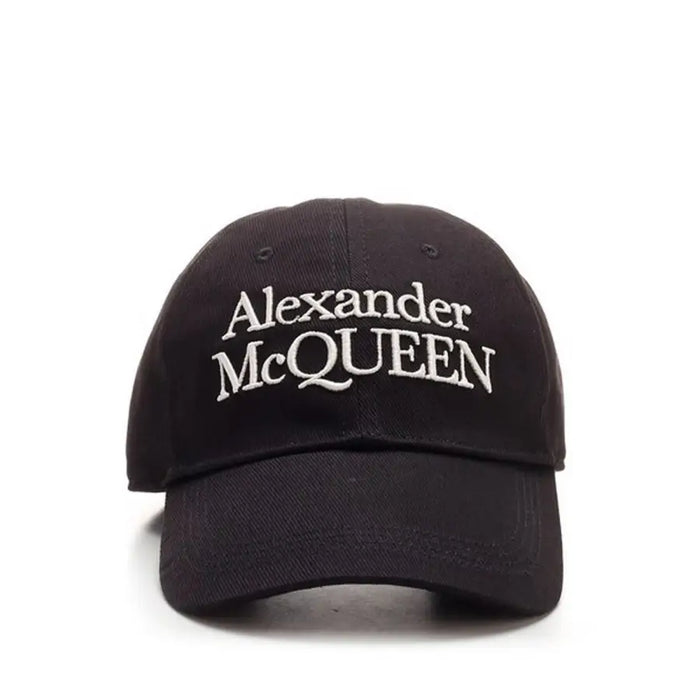 Black baseball cap featuring bold white lettering for casual athletic style