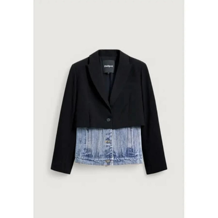 Black blazer with denim panel in Desigual Women’s Long Jacket with Lapel Collar and Buttons