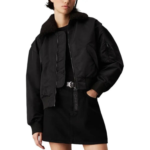 Black bomber jacket with fur collar displayed in the Black Bomber Jacket with Fur Collar product image