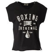 Black short-sleeved cotton t shirt featuring white boxing leone original graphic with a boxing bag illustration