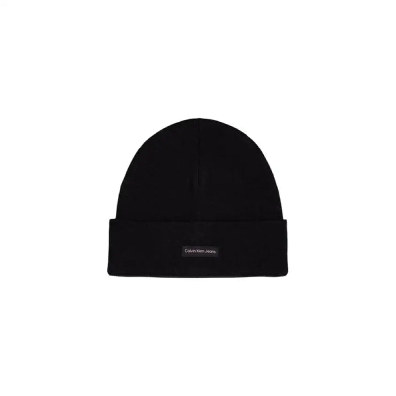 Black Calvin Klein beanie featuring gray knit fabric and logo patch detail