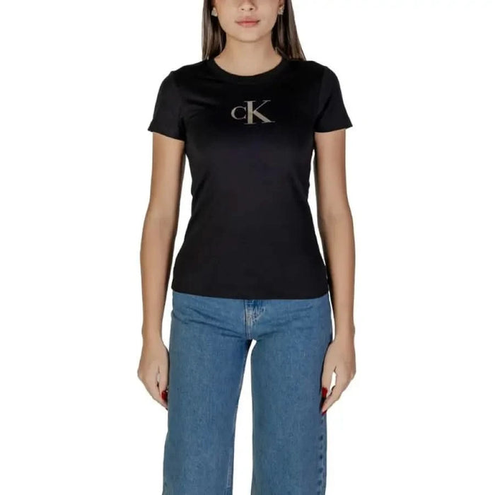 Black Calvin Klein logo t-shirt with short sleeves featured in women’s collection