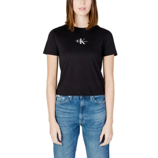 Black Calvin Klein t-shirt with CK logo on chest for women, made of organic cotton