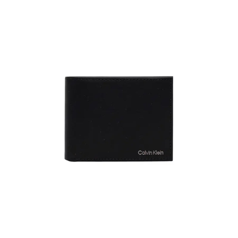 Black Calvin Klein leather wallet displayed in a product image